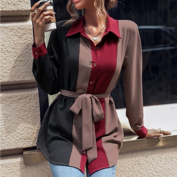 Color Block Belted Tunic Button Down Shirt Top Blouse - Picture 4 of 4